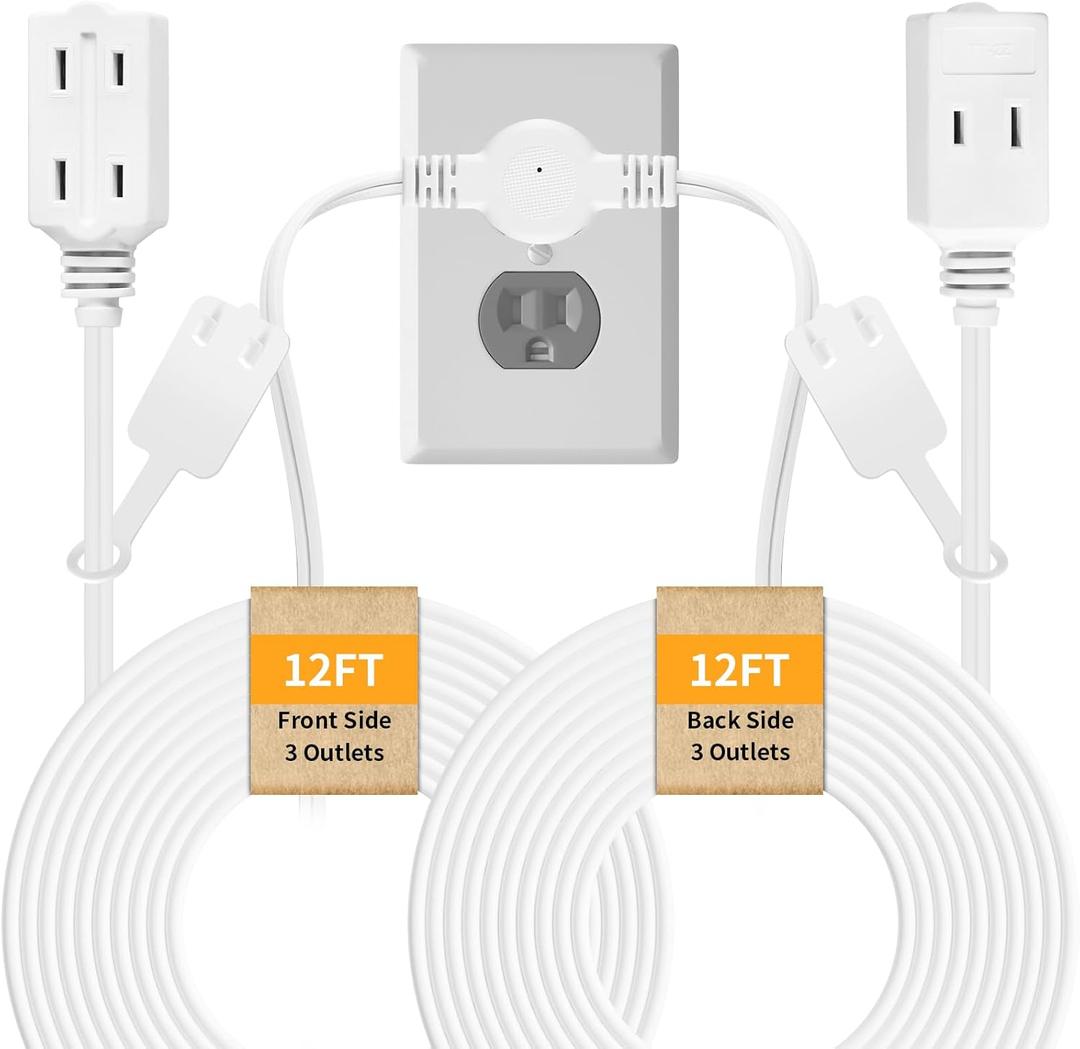 Twin Extension Cord, 24 Ft Flat Wall Plug, 12 Feet on Each Side, 2 Prong Power Strip with 6 Outlets, Double Extension Cord Splitter for Behind Bed, Couch, Nightstand, Dresser, Furniture (White)
