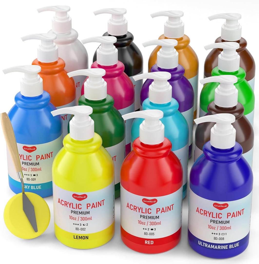 Smallbudi 15 Colors Large Bulk Acrylic Paint Set (10 oz,300 ml) Art Painting Supplies for Multi Surface Canvas Wood Leather Fabric Rock Craft, Non Toxic Paint for Kid & Adult with Pump, Color Wheel