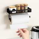 Paper Towel Holder Wall Mount for Kitchen, Easy One-handed Operation Design, Self Adhesive Paper Towel Holder with Shelf for Bathroom, RV Paper Towel Rack Paper Roll Holder with 2 Hooks, Black