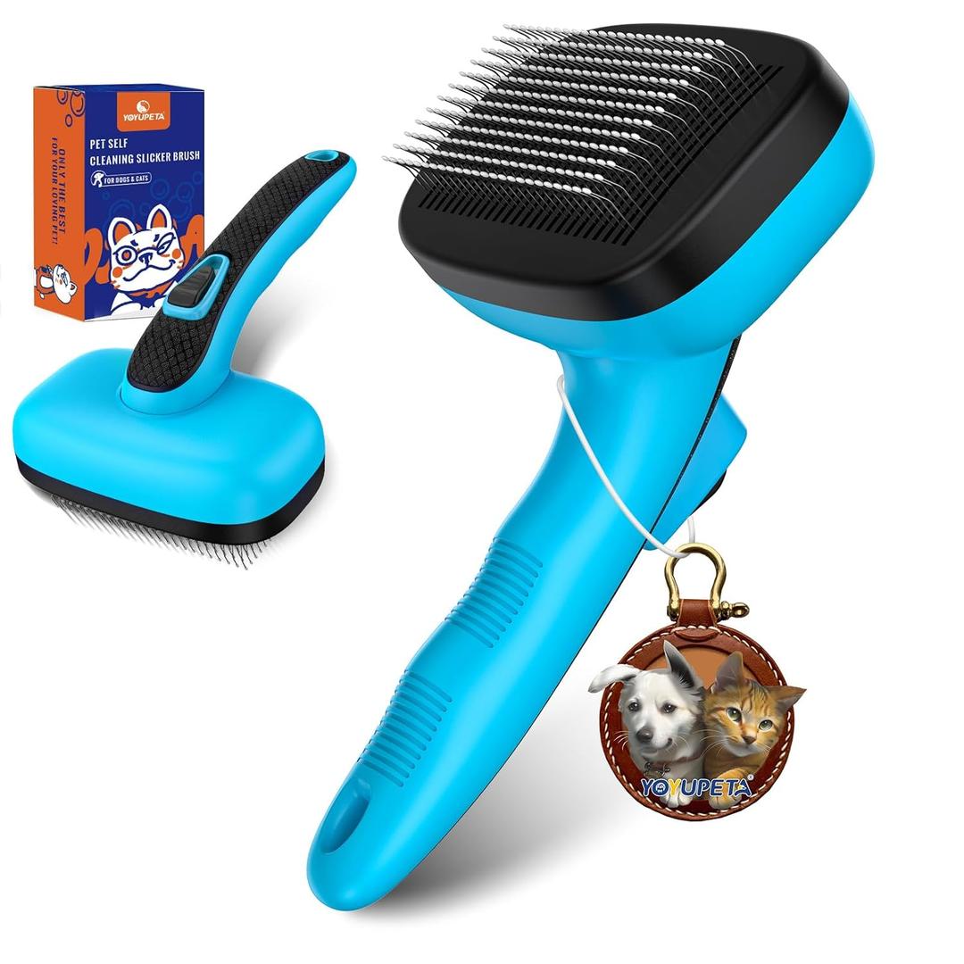 Dog Self Cleaning Slicker Brush for Shedding, Ideal for Short Long Haired Dogs, Including Cat. Removes Loose Fur, Undercoat, Mats, Tangled Hair. Suit for Large Medium Small Animal, Blue