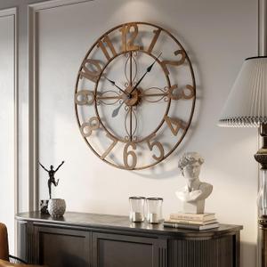 Cuspin Large Wall Clock, 36 Inch Decorative Wall Clock for Living Room Kitchen Mantel, Silent Non-Ticking Battery Operated Metal Round Arabic Numerals Analog Bronze Wall Clock