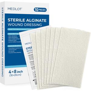 LotFancy Calcium Alginate Wound Dressing, 4x8 Patches, 10 Count, Sterile Non-Stick Padding, Highly Absorbent Wound Dressings Pads for Emergency Care, Fast Healing