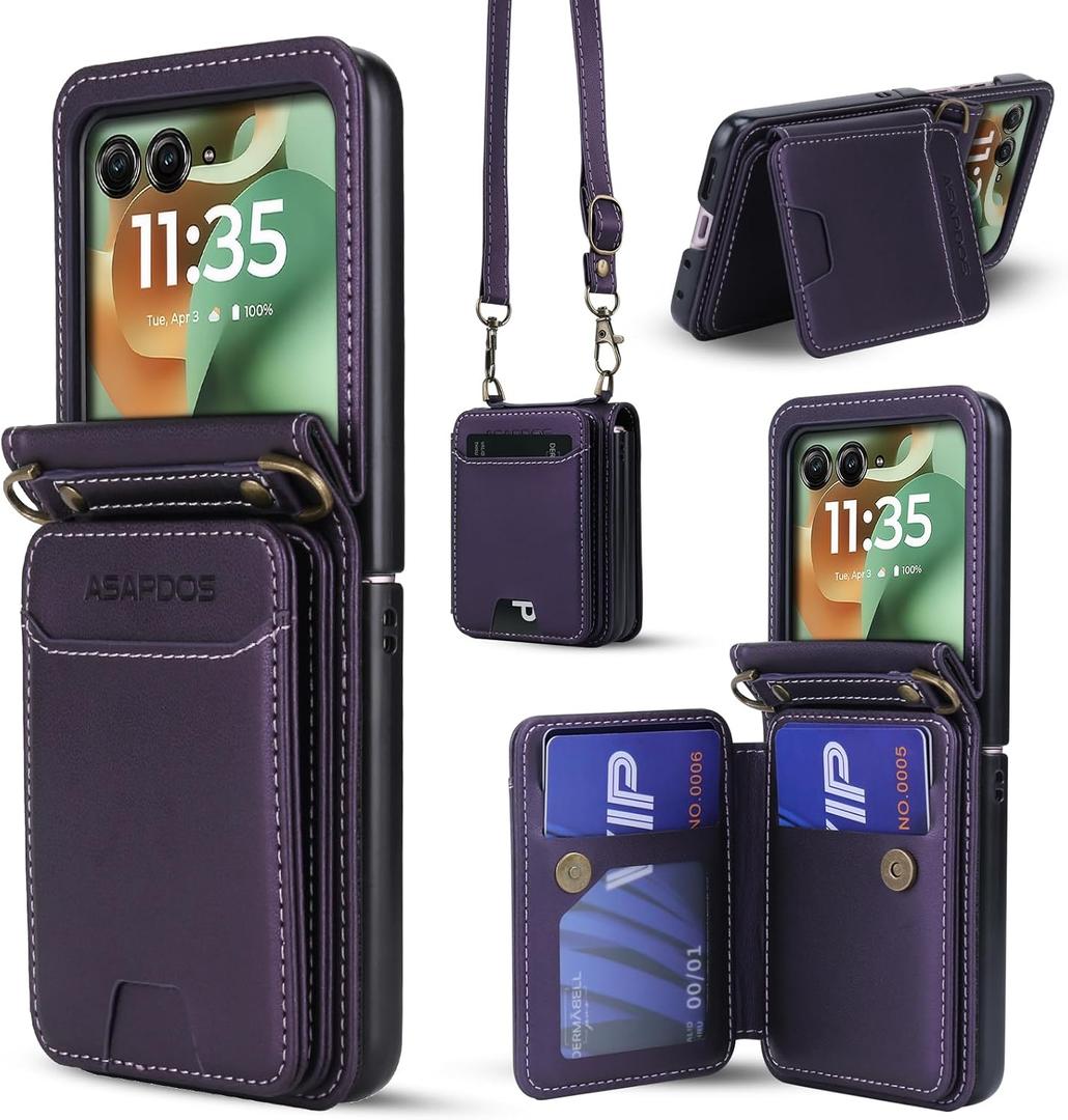ASAPDOS for Motorola Razr 2025/2024 Wallet Case - 5 Card Slots RFID Blocking | Detachable Crossbody Strap & Wristlet | Snap Magnetic Cover | Shockproof PU Leather Purple