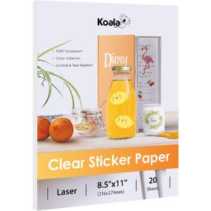 Koala Printable Clear Sticker Paper - ONLY for LASER Printer - 8.5x11 Inch 20 Sheets Full Sheet 100% Transparent Label Paper for DIY Personalized Decals, Labels