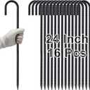 VVOKGO 24 Inches Rebar Stakes Heavy Duty J Hook, Curved Steel Plant Support Garden Stake with Chisel Point end, Hammer Through Hard Soil for Chain Link Fence and Gazebo - Black Coated 16pcs