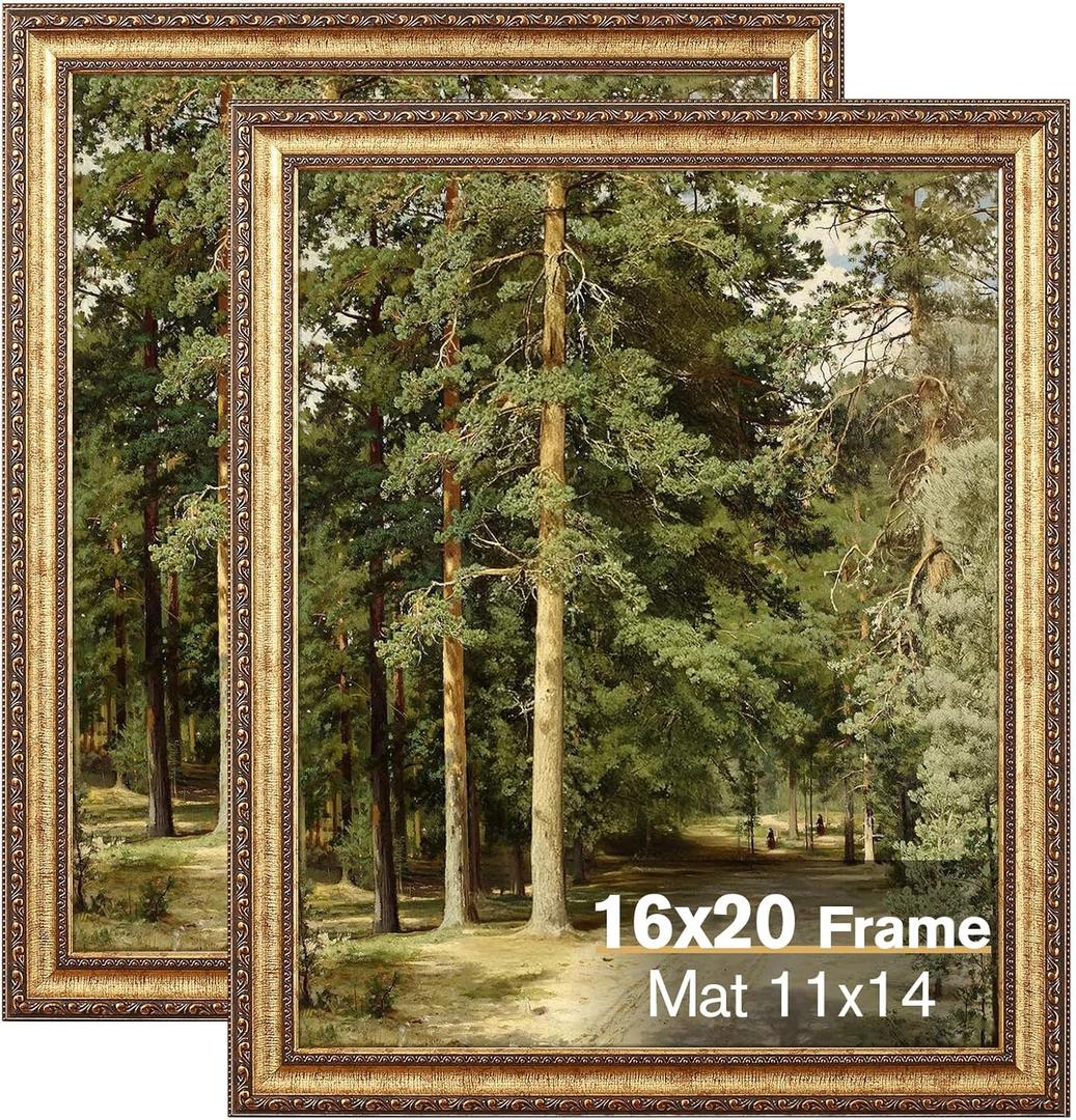 16x20 Gold Picture Frame, 2 Pack Ornate Vintage Picture Frames for Wall or Tabletop Display, 16x20 Photo Frame Gold with Plexialass, Display Poster 11x14 with Mat or 16x 20 without Mat for Antique Dco