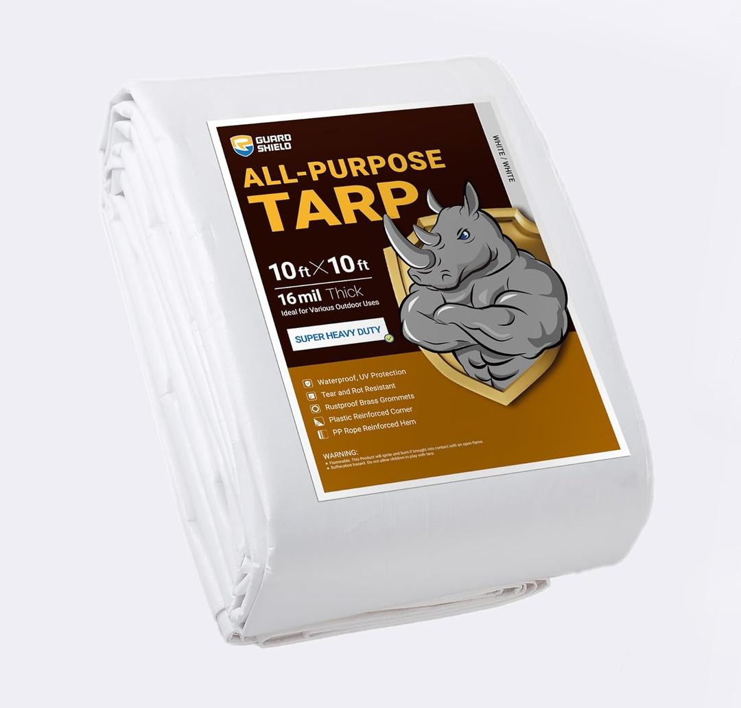 GUARD SHIELD Super Heavy Duty White Ploy Tarp Cover 10x10 Feet Waterproof Tarps 16mil Thick UV and Tear Resistant Tarpualin