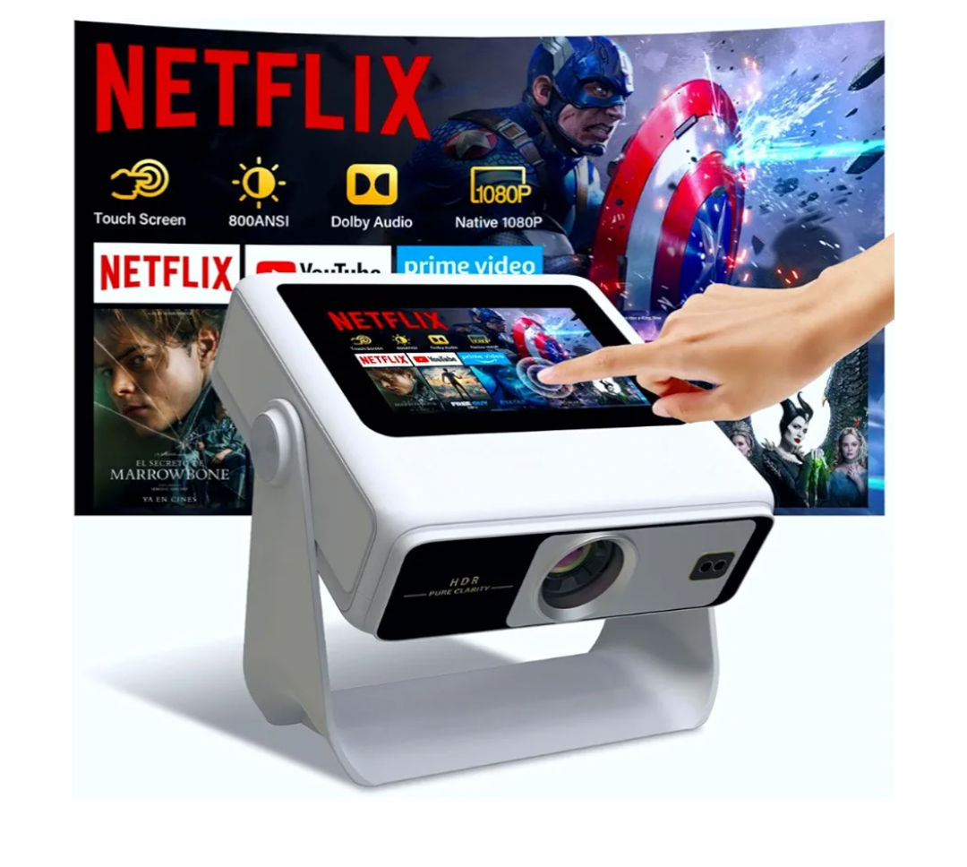 4k Support Projector with WiFi and Bluetooth,TouchScreen Portable Outdoor Smart Projector Auto Focus & Touch Control, Built-in 1,000+ Apps Native 1080P Mini Portable Movie Proyector for Home Theater