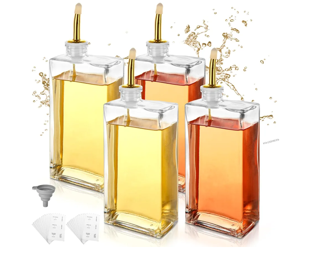 4 PCS Glass Olive Oil Dispenser Bottle for Kitchen 17 Oz/ 500 Ml Olive Oil and Vinegar Dispensers Bottle Set Gold Cooking Oils Dispensers 17 Oz Oils Container Kitchen