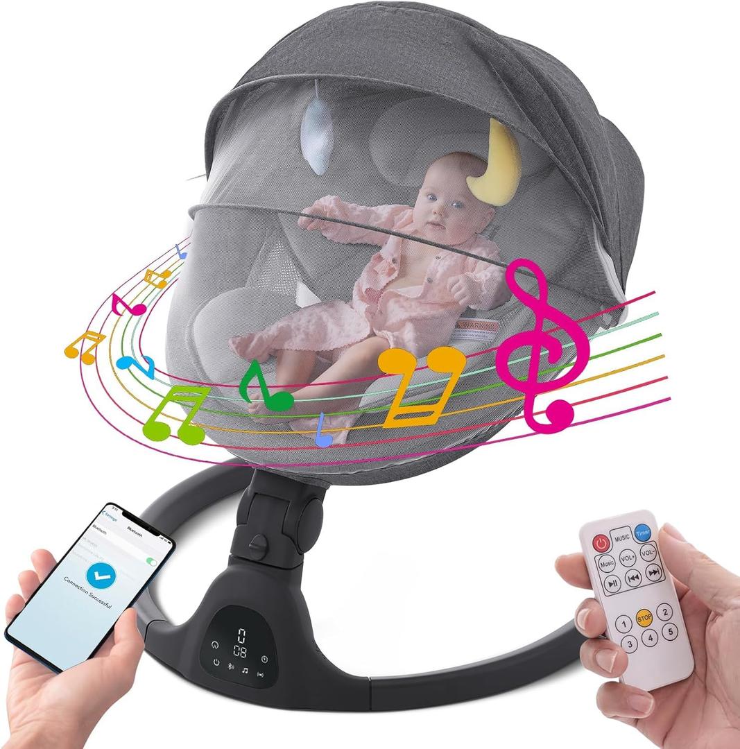 Baby Swing for Infants,Comfort Cradling Baby Rocker Portable Newborn Swing with Music/Remote Control/Timing Function,Black (Black)