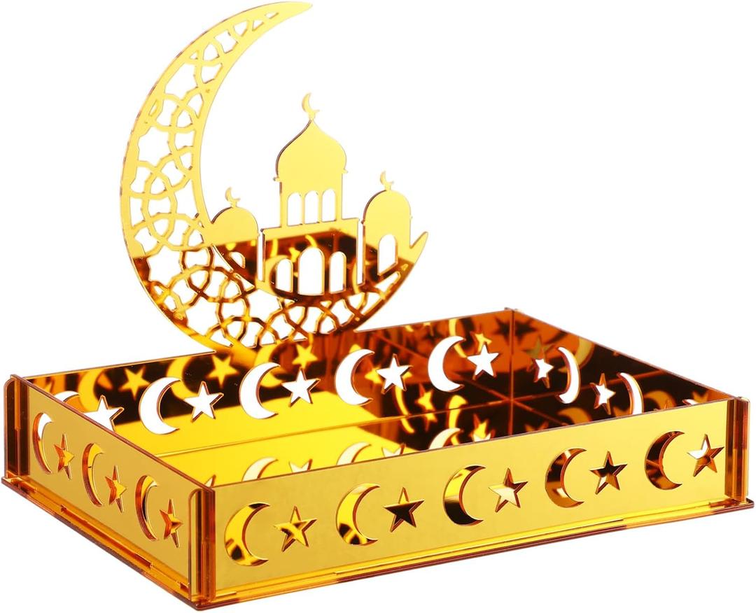 DoubleFill Ramadan Serving Tray Gold Eid Mubarak Holder Al-fitr Home Decoration for Moon Star Tray Gold Container for Home Islamic Muslim Party Tableware Kitchen Dessert Food Storage(Mosque)