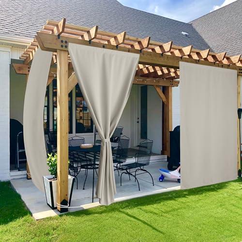 NICETOWN 2 Panels Outdoor Curtains for Patio Waterproof, Peel/Stick Top & Back Tab Bottom Drapes with Free Rope for Wind Blocking, Privacy Sun Shades for Gazebo/Deck, W52 x L84 in, Natural