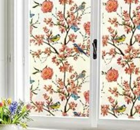 MSUP Window Film Privacy Static Cling Frosted Window Film for Glass Window Anti-UV Window Film Removable No-Glue Film Birds and Flowers Film for Kitchen, Bathroom, Office 35.4" x 78.7" Red