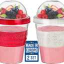 Yogurt Parfait Cups for Breakfast, Oatmeal or Fruit Container, Snack Bowl and Spoon for Lunch Box, Portable & Reusable, 2 PCs (Red & Cream)