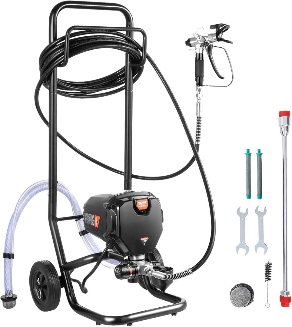 VEVOR 750W Stand Airless Paint Sprayer, 3000PSI High Efficiency Electric Airless Sprayer with Cart, Paint Sprayers for Home Interior and Exterior Furniture and Fences, Fine and Even Painting Effect