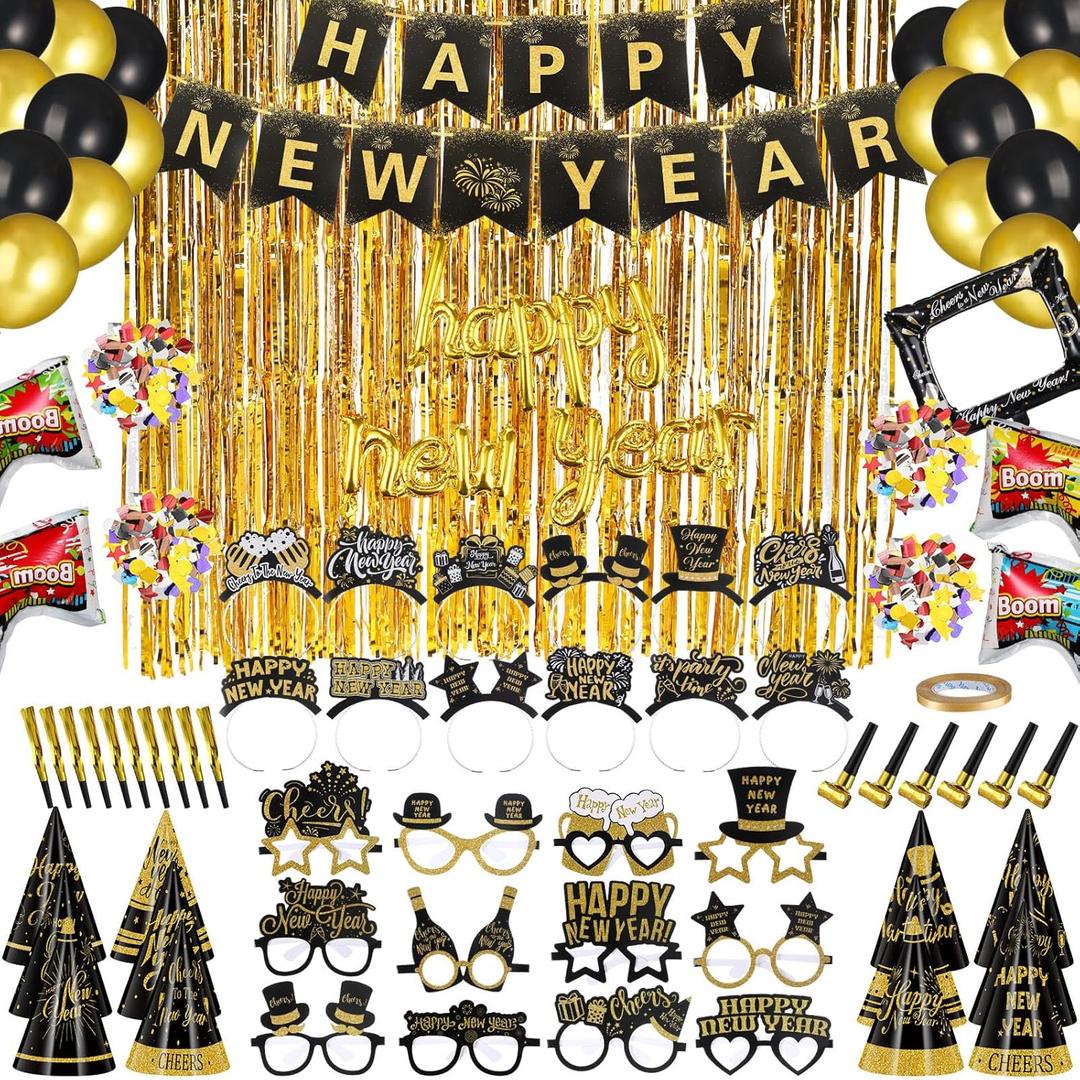 136 Pcs New Years Eve Party Supplies Kit New Year's Eve Party Supply Include Hats Glasses Headbands Blowouts Balloons Inflatable Fireworks Gun Banner for 2026 Holiday Celebration Decor