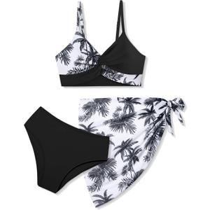 Girls Swimsuit, Bathing Suits 3 Piece Tropical Floral Twist Cross Bikini Sets Girls' Swimwear with Cover Up Skirt  (11-12 Years, Black Palm)