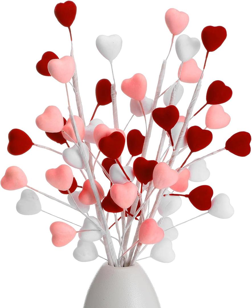 6 Pcs Valentine's Day Velvet Heart Floral Picks Artificial Heart Flowers Picks Decor 3D Velvet Valentines Foam Stems for Valentine's Day Wedding Birthday Flower Bouquet Vase Decor