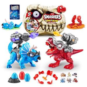 Smashers Dino Island T-Rex Battles (Red Version) by ZURU 50+ Surprises Boys Collectible Dinosaur T-Rex Triceratops Surprise Slime Sand Compounds Discovery