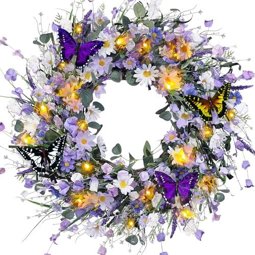24 Inch Spring Wreath for Front Door, Artificial Summer Wreath with Daisy Lavender and Green Eucalyptus Leaves, Large Flower Wreath with Fake Butterflies for Indoor Outdoor Home Festival Decor