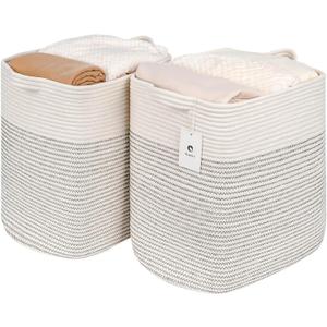 Laughbird Storage Baskets for Clothes Fabric Cotton Rope Storage Basket with Handles, Decorative Woven Basket for Living Room,Closet Organizer Blankets, and 2bags (White/Black Line, L16W11.4H15.9)