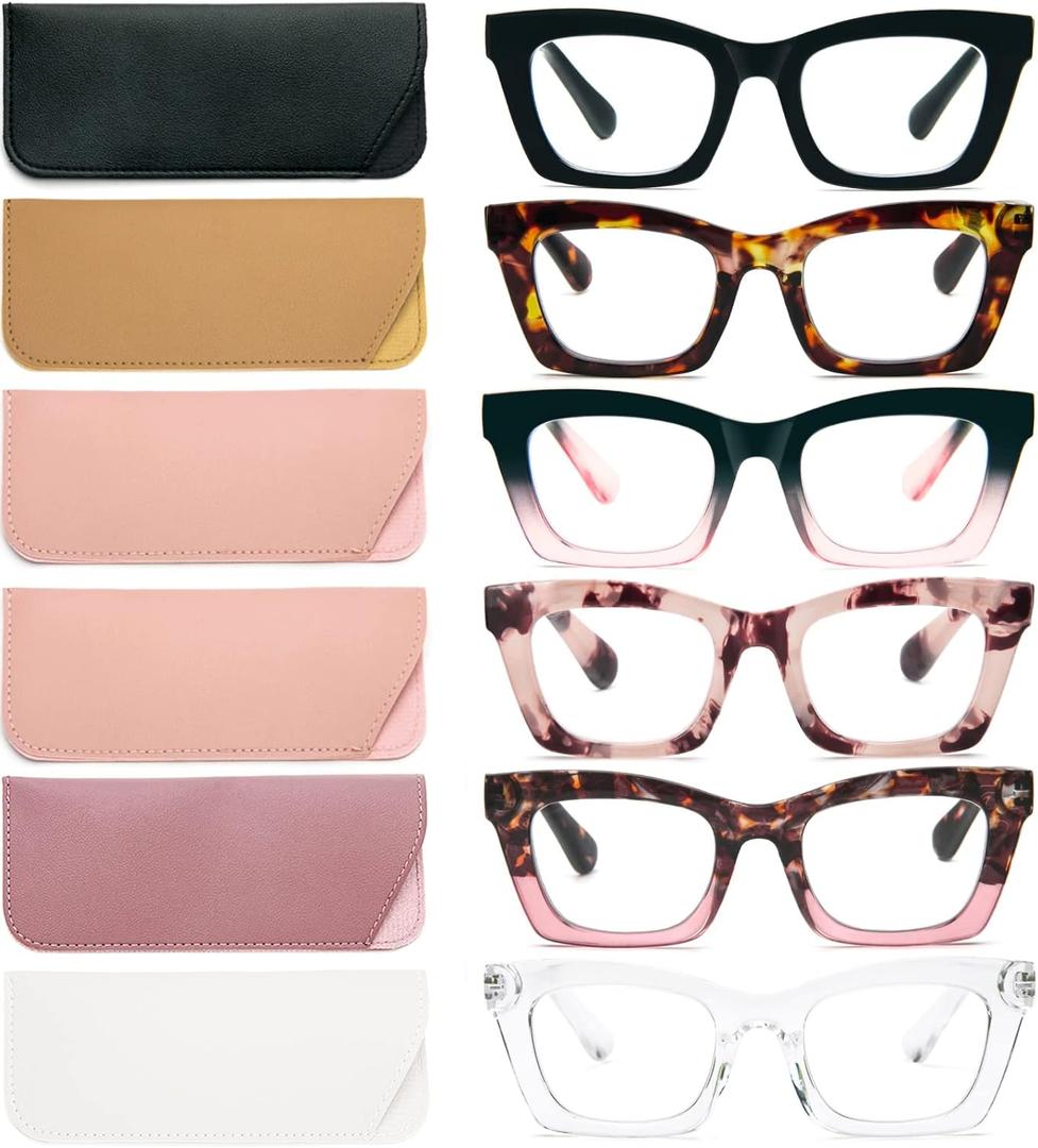 REAVEE 6 Pack Reading Glasses for Women Blue Light Blocking, Cute Square Computer Readers with Spring Hinge, +1.75