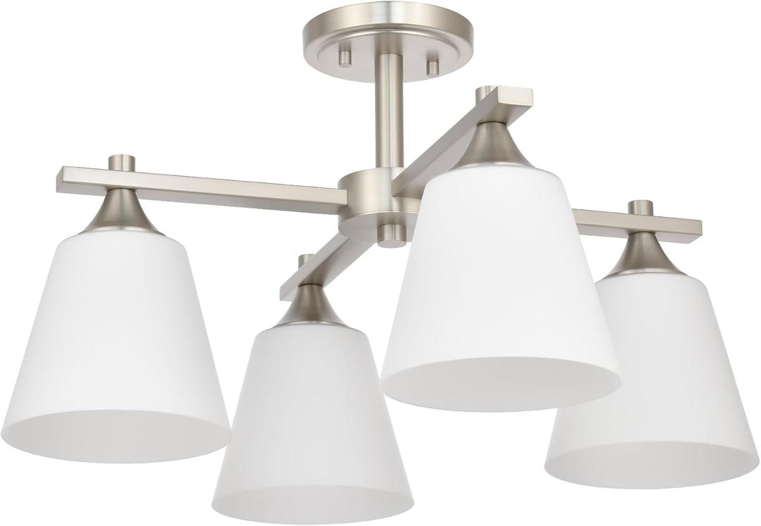 Brushed Nickel Semi Flush Mount Ceiling Light, 4 Light Transtional Kitchen Lighting Fixtures with Milk Glass Shade, Hallway Light Fixtures Ceiling Mount for Dining Room, Living Room, Bedroom, Foyer