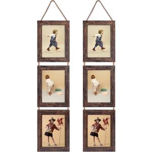 Lavezee Wall Hanging 5x7 Picture Frames Set of 2, Vertical Collage Distressed Brown Triple Frame Made to Display 5 by 7 inch Photo for Wall Decor
