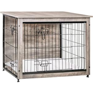 DWANTON Dog Crate Furniture with Cushion, Wooden Kennel Table with Double Doors, Indoor Dog House, Medium Size, 32.5" L, Greige