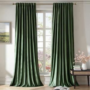PRIMROSE Emerald Olive Green Velvet Curtains 108 inch Long for Living Room,Set of 2 Panels Blackout Rod Pocket Back Tab Window Treatment Room Darkening Heavy Decorative Curtains Drapes for Bedroom