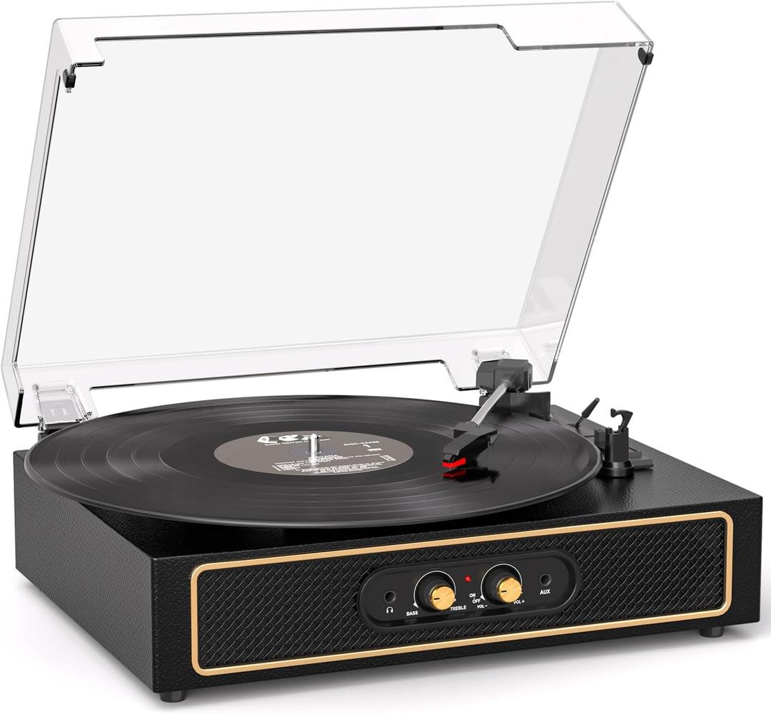 Retro Bluetooth Record Player with Built-in Speakers, 3-Speed Belt-Drive Turntable, Bass & Treble Control, Compact Vinyl Player with Transparent Dust Cover, RCA Output, AUX-in, Headphone Jack, Black