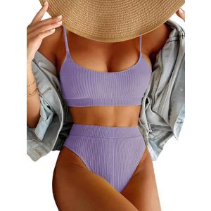 Lilosy High Waisted Tummy Control Ribbed Bikini Crop Top Brazilian Swimsuit Set 2 Piece (Small, Light Purple)