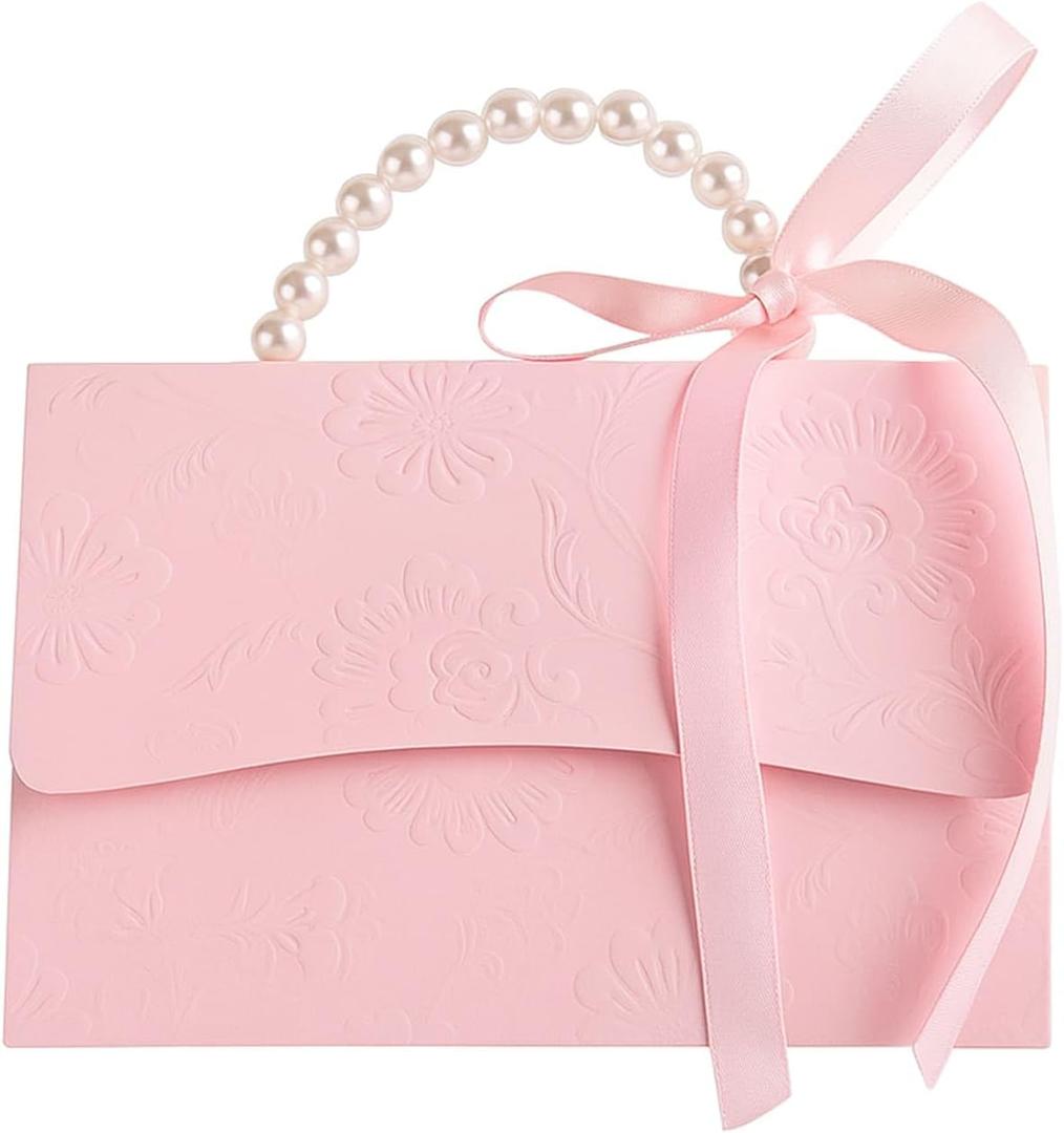 motoeye 10Pcs Pink Pearl Paper Gift Boxes for Wedding Favors, Elegant Bridesmaid and Party Favor Boxes with Ribbon, Ideal for Bridal Shower, Baby Shower, and Special Occasions (Pink, L)