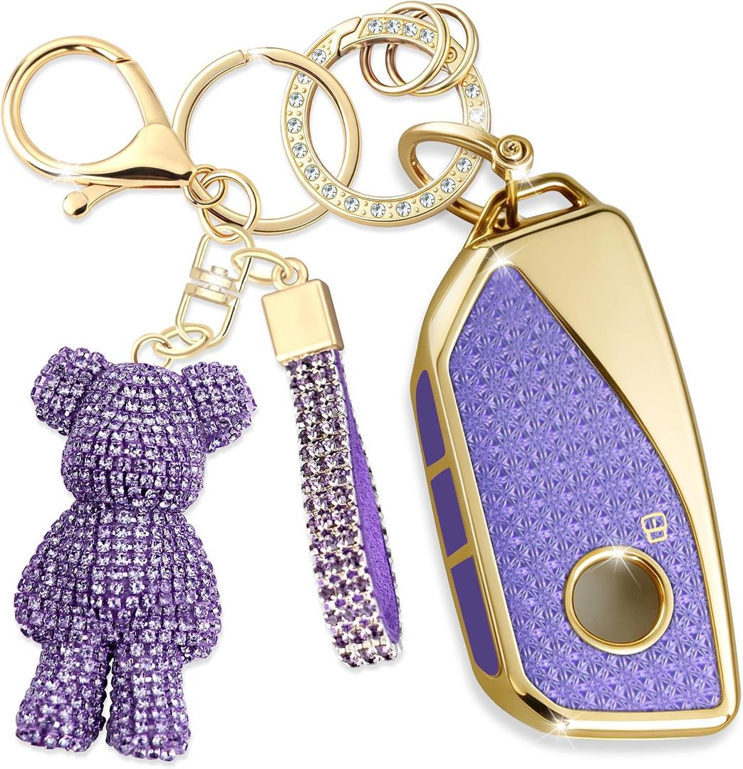 Cute Key Fob Cover with Rhinestone Bear Charm, Bling TPU Smart Key Case for Women, Compatible with BMW IX X6 I7 X7 I5 X5 M60 7 Series 2023-2024 (3-Button,Gold Purple)