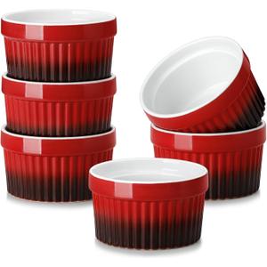 MALACASA Ramekins 6 oz Oven Safe, Small Ceramic Souffle Dishes for Creme Brulee Souffle, Stoneware Custard Cups Ramiken for Baking, Dessert Bowls Dipping Sauce Dish Set of 6, Red, Series RAMEKIN-DISH