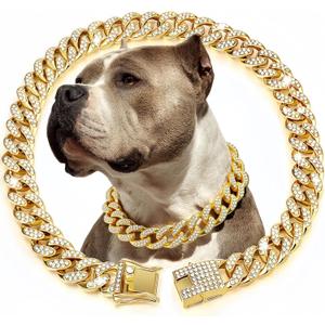 Sparkling Cuban Link Dog Collar with Diamond Inlay - Elegant Gold Chain for Dogs and Cats, Comfortable fit, 8 Size Options (M)
