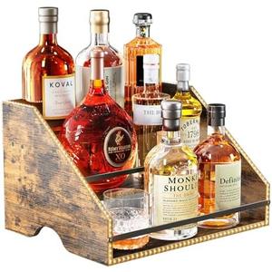 Nuovoware LED Lighted Liquor Bottle Display Shelf, 3 Step Wood Countertop Liquor Rack with Fences & Portable Handles, 12-Bottle Whiskey Rack Liquor Display Retro Wine Rack for Home Bar Party, Brown