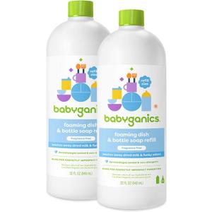 Babyganics Foaming Dish & Bottle Soap, Fragrance Free, Plant-Derived Cleaning Power, Removes Dried Milk, 32 Fl Oz (Pack of 2), Packaging May Vary