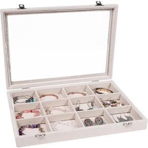 Stratalife Jewelry Organizer Bracelet Organizer Storage Box 12 Grid Stackable Jewelry Tray with Lid Velvet Jewelry Box for Drawer Necklace Bracelet Display Storage Organizer Box (Beige)