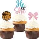 24PCS Basketball He or She Cupcake Toppers, Boy or Girl Gender Reveal Cupcake Toppers for Basketball Baby Shower Decorations