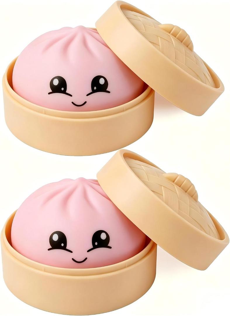 2Pcs Mystery Pink Dumpling Squishies with Steamer Box,Soft Stretchy Bao Bun Stress Relief Balls,Sensory Fidget Squeeze Toys for Anxiety Relief,Decompression Desk Toys