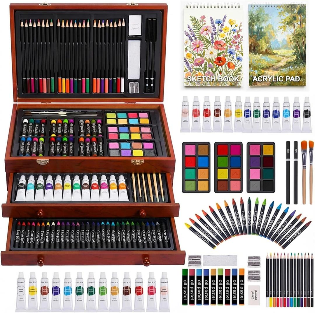 TMOL Art Supplies, 175-Pack Deluxe Art Set Drawing Painting Kit with 2 Drawing Pads, Acrylic Paints, Colored Pencils, Crayons, Art Kit in Wooden Case, Gift for Artist, Adults, Teens and Kids (Cherry)