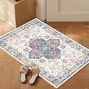 3x5 Washable Rug for Entryway，Boho Vintage Kitchen Rugs for Entrance, Small Non Slip Indoor Front Door Mat, Soft Low Pile Carpet for Bathroom,  Natural Fiber Collection Area Rug, Blue