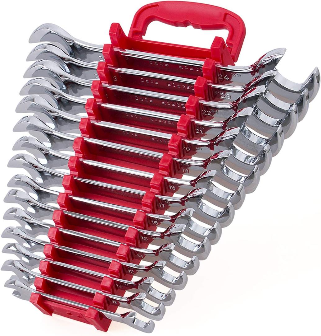 15-Piece Premium Angle Head Open End Wrench Set, Chrome Vanadium Steel, Mirror Chrome Finish | Include Metric Sizes 10, 11, 12, 13, 14, 15, 16, 17, 18, 19, 20, 21, 22, 23, 24mm with Storage Rack