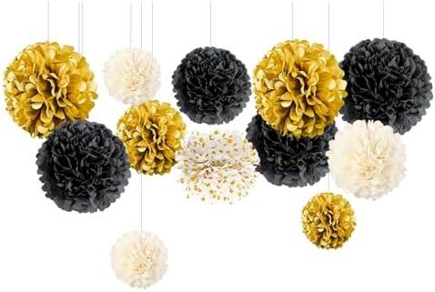 NICROLANDEE Black and Gold Party Supplies for 2025 Graduation - 12PCS Metallic Foil Paper Lanterns Decorative for Graduation, Wedding, Birthday, Baby Shower, Retirement Party, New Years Eve Party