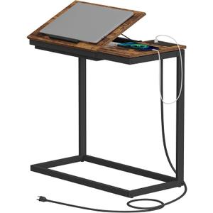 TUTOTAK C Shaped End Table with Charging Station, Tilting Laptop Stand Side Table, Under Couch Table for Living Room Bedroom, Brown TB01BB090