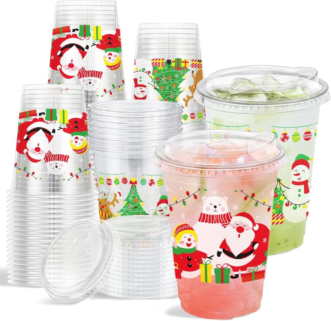 16 oz 50 Pack Christmas Plastic Cups with Lids, Sturdy Iced Coffee Cups with Sip Lids, Disposable Food Safe Smoothie Cup for Cold Drinks, Juice, Milkshake