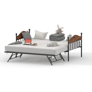 Daybed with Trundle, Sturdy Metal Twin Size Day Bed with Stylish Headboard, Height Adjustable Trundle Bed Twin, Heavy Duty Steel Slats Platform for Living Room, Bedroom and Guest Room, Rustic Brown