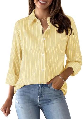 Aoudery Womens Button Down Shirts Cotton Striped Dress Shirt Long Sleeve Collared Office Work Pinstripes Blouses Tops, Medium