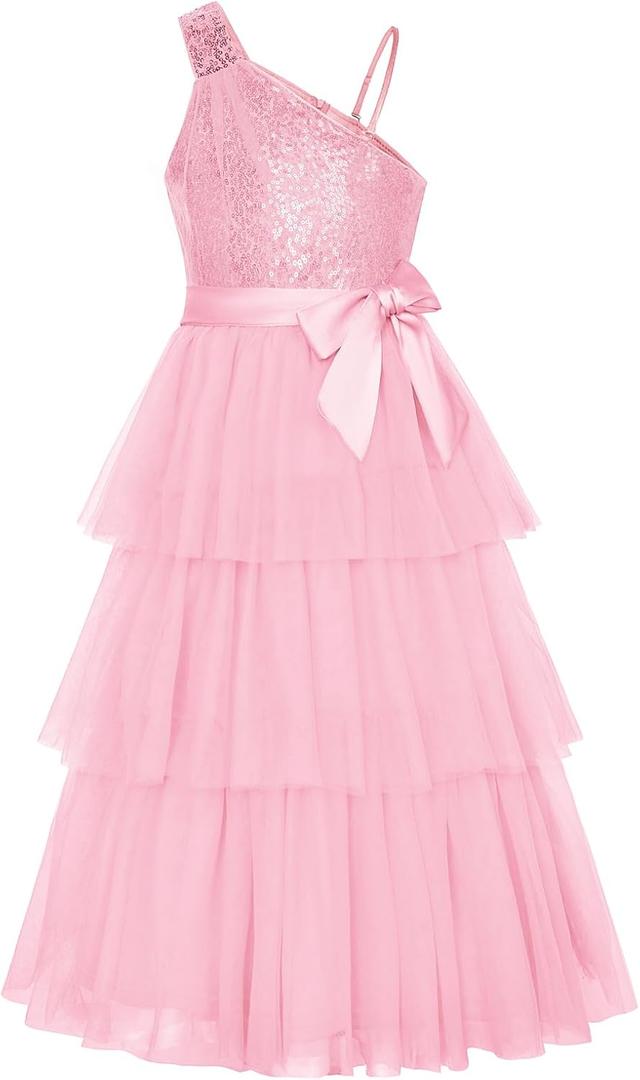 GRACE KARIN Girls Sequin Tulle Dress One Shoulder Formal Party Holiday Maxi Dress for Girl 6-14Y (6-7 Years, Pink)